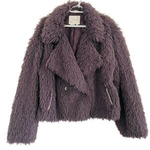 Anthropologie Faux Fur Jacket Purple Mauve Shaggy Double Breasted Coat Medium